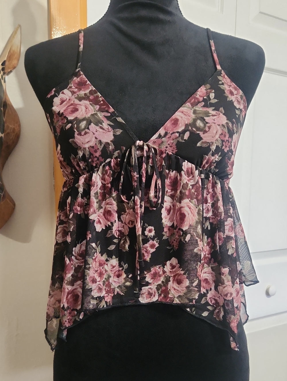 Floral Spaghetti Strap Camisole - Black with Pink Rose Print